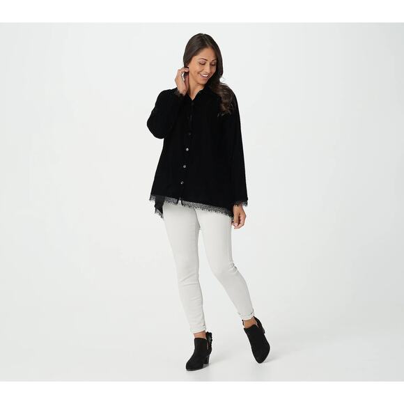 LOGO Lori Goldstein Velvet Button Front Lace Trim Blouse Black Small New - Picture 7 of 7